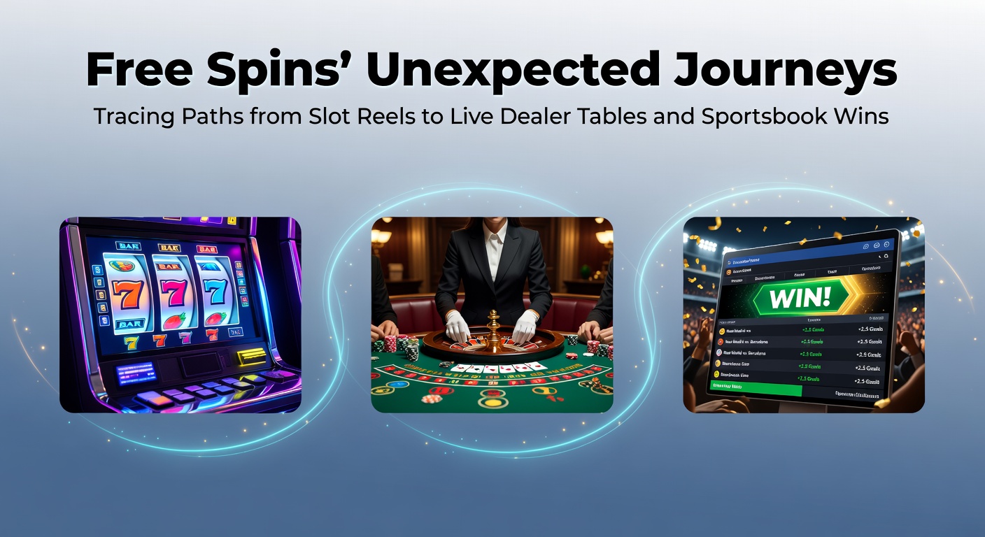 Vibrant slot machine reels spinning with free spin symbols transitioning into live dealer blackjack tables and sportsbook betting slips in the background