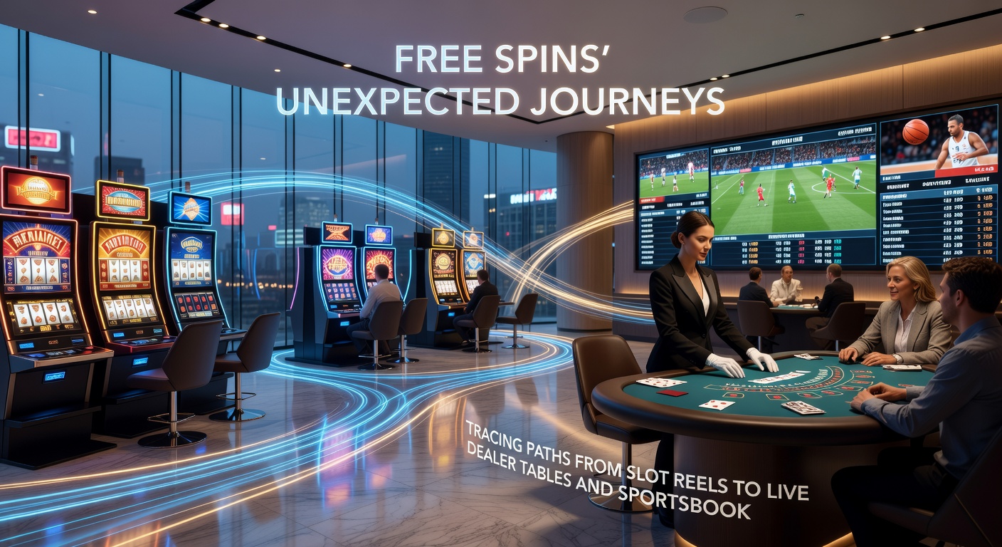 Animated graphic showing free spin icons evolving into poker chips on live tables and football betting odds on a sportsbook interface