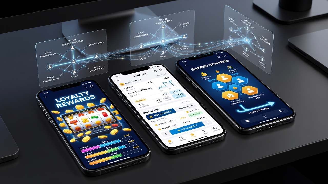 Mobile devices displaying integrated loyalty interfaces for reel games and sports prediction apps side by side