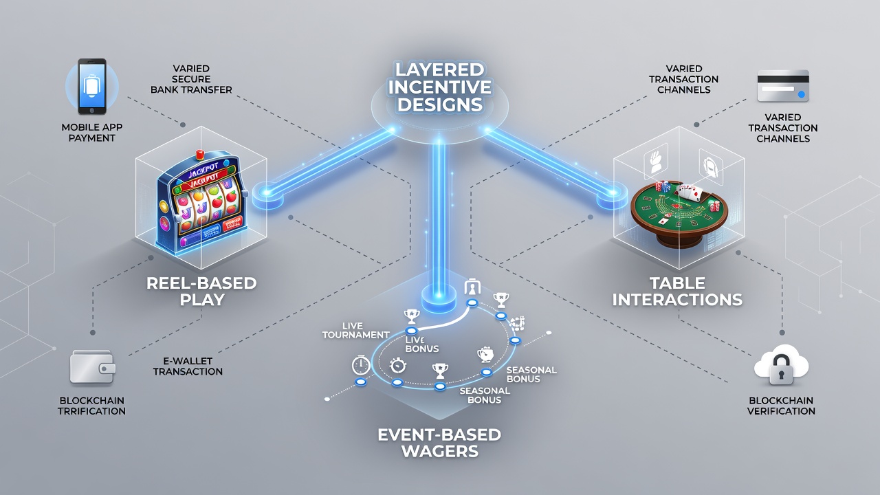 Layered incentive patterns linking mobile reel-based play to table games and event wagers across transaction channels