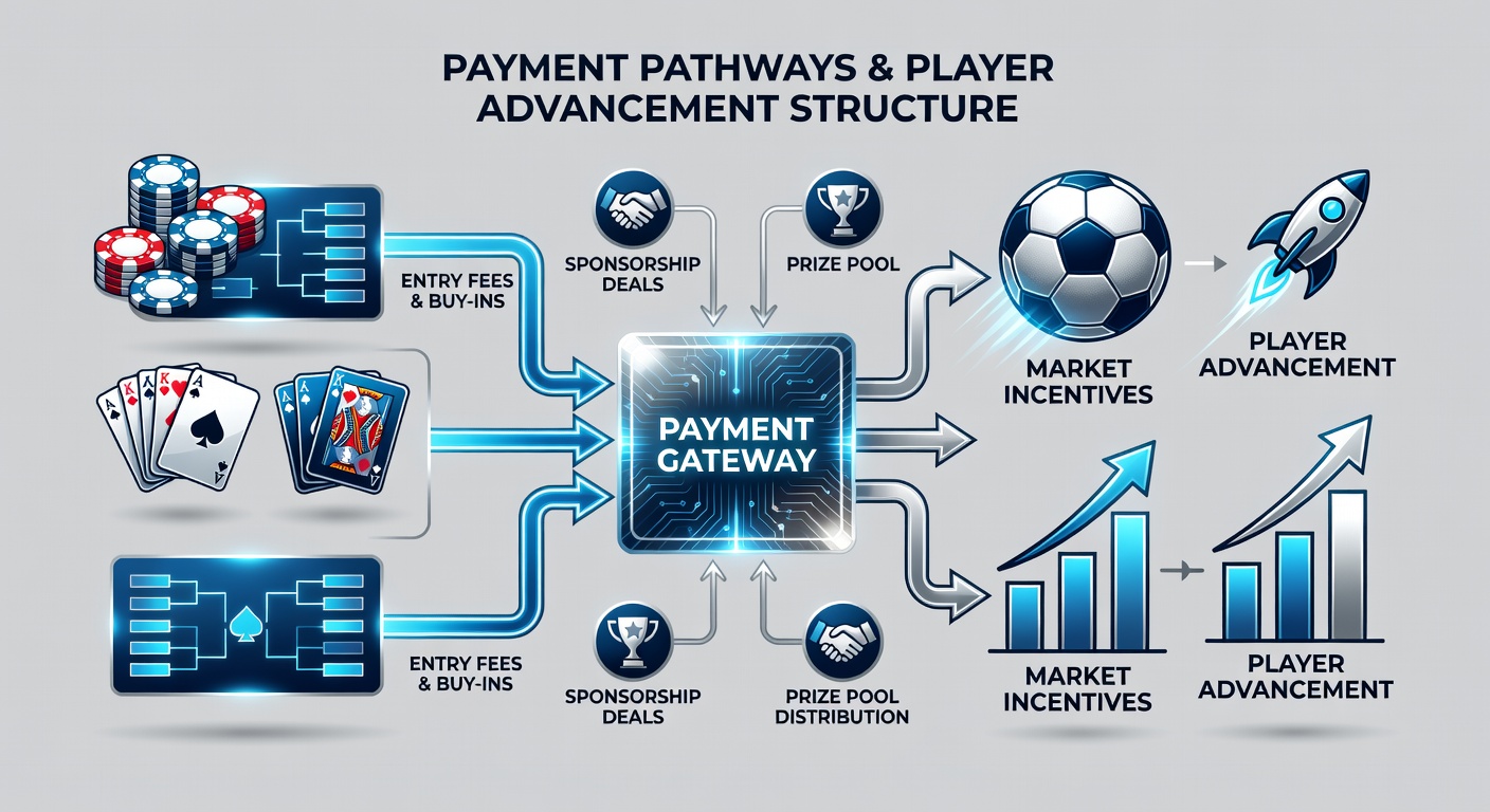 Illustration of tiered player advancement pathways showing poker results feeding into sports betting reward tiers and loyalty milestones