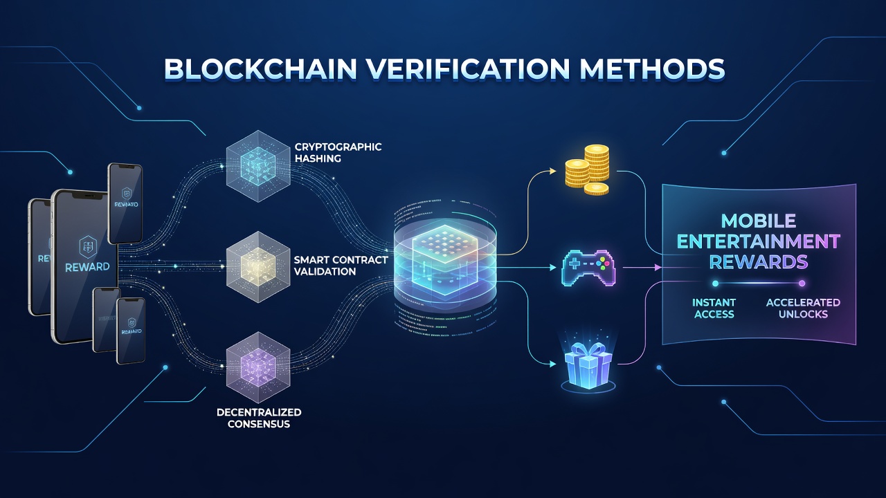 Mobile device displaying reward tiers synchronized with blockchain verification logs